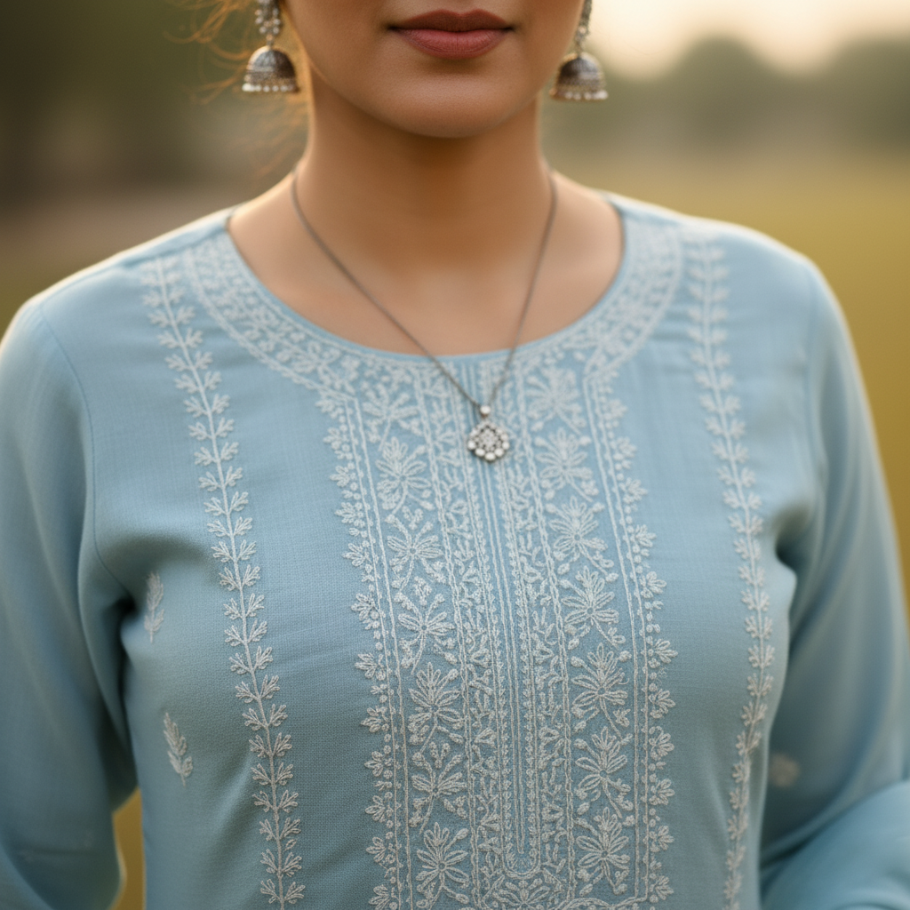 Pastel Blue Cotton Embroidered Kurti Set