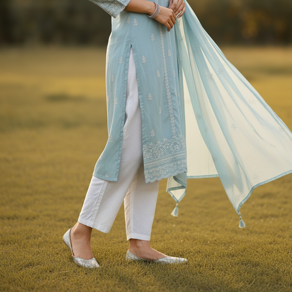 Pastel Blue Cotton Embroidered Kurti Set