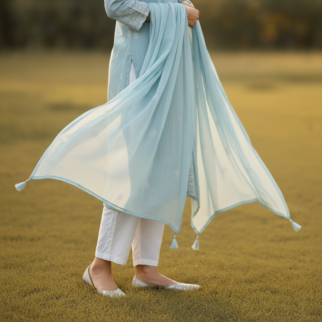 Pastel Blue Cotton Embroidered Kurti Set