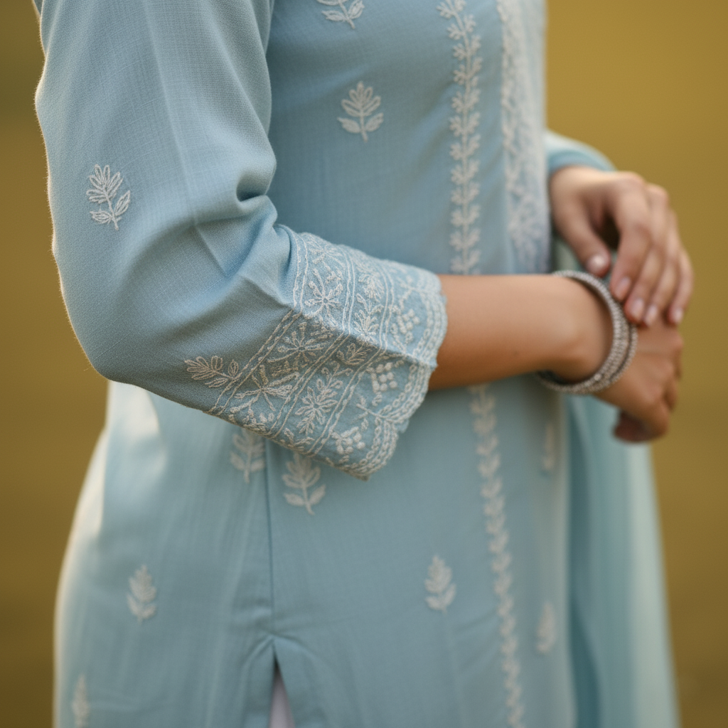 Pastel Blue Cotton Embroidered Kurti Set