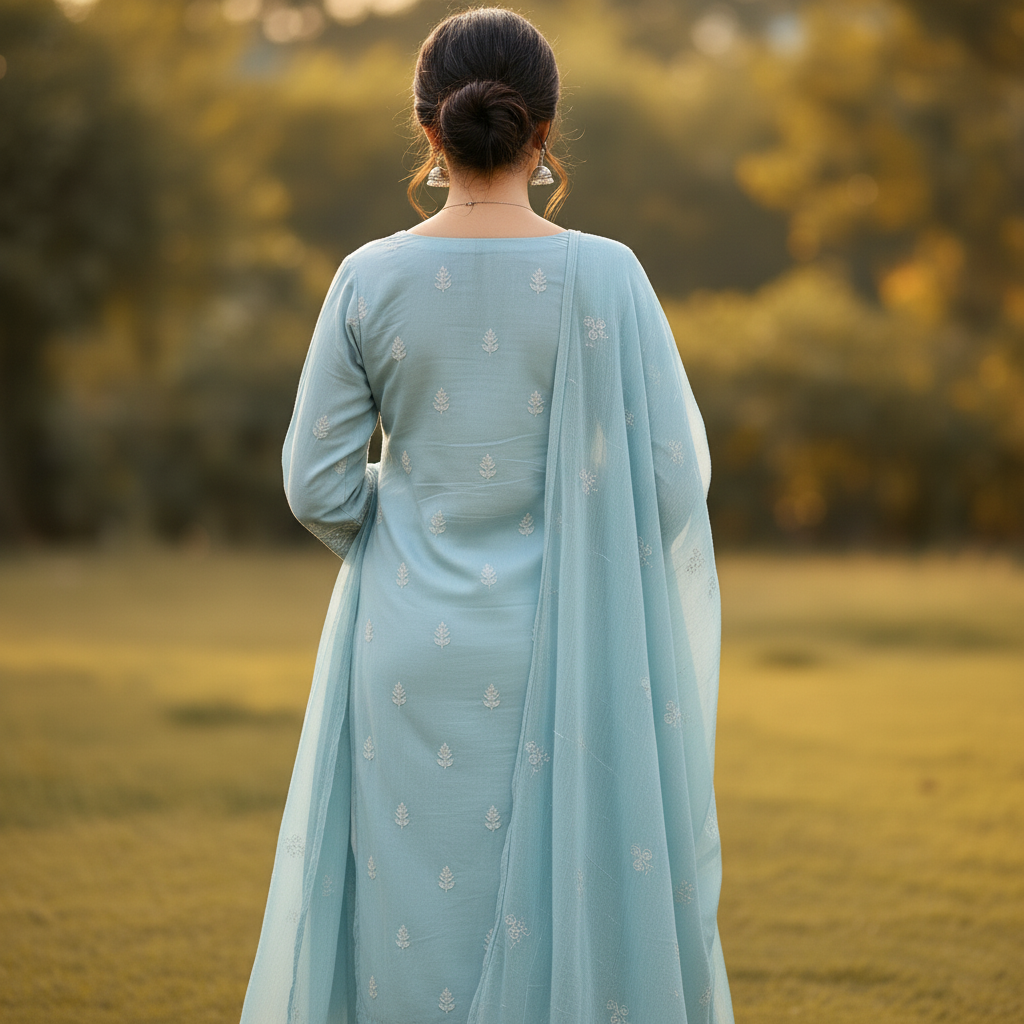 Pastel Blue Cotton Embroidered Kurti Set