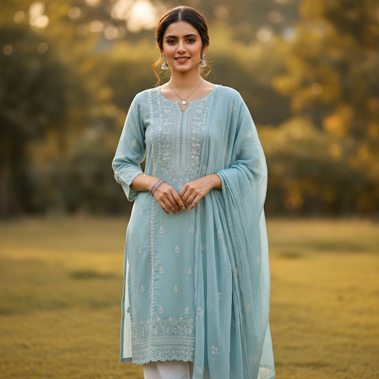 Pastel Blue Cotton Embroidered Kurti Set