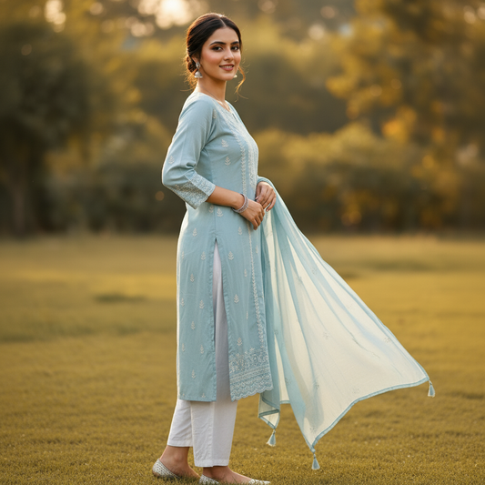 Pastel Blue Cotton Embroidered Kurti Set